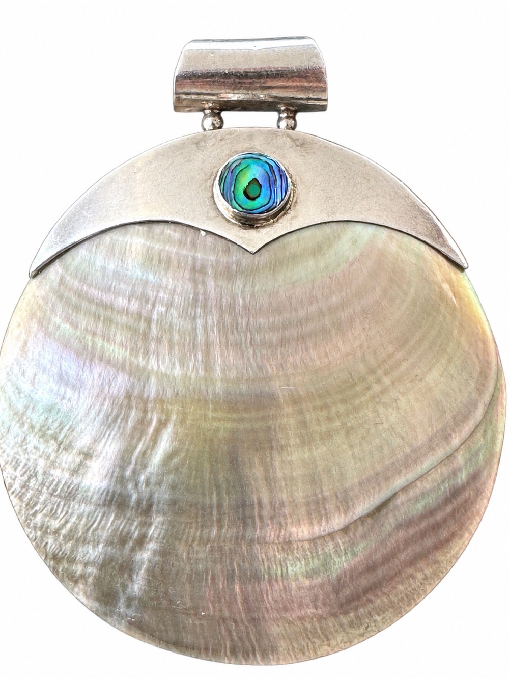 Sterling Silver 925 Mother of Pearl Shell & Abalone Stone Statement Pendant